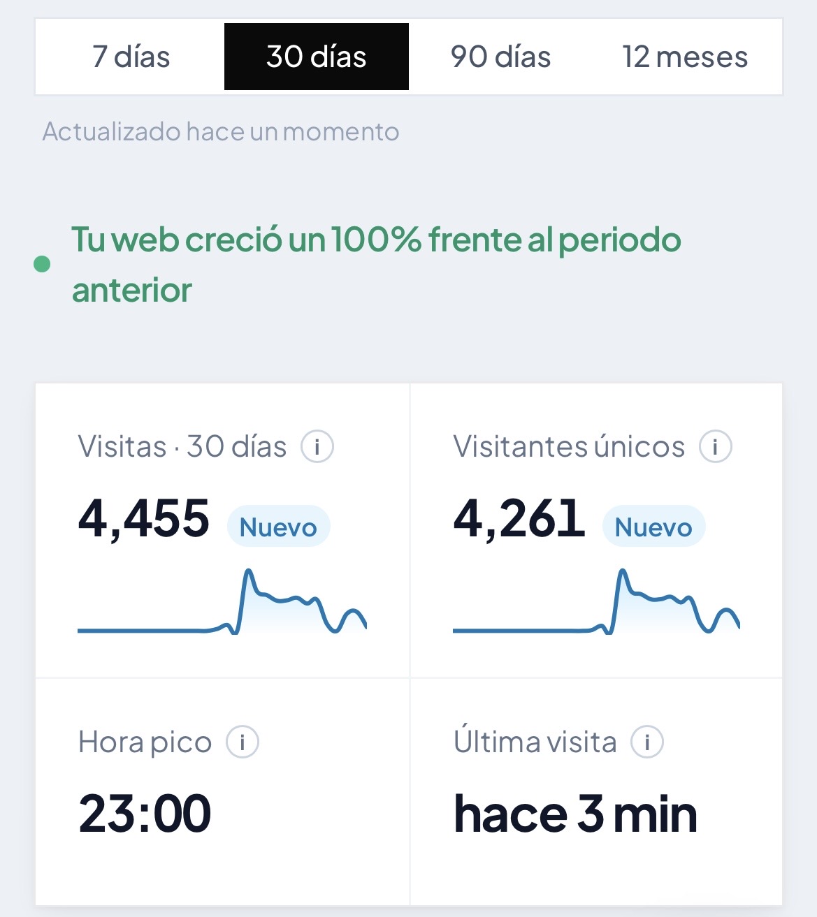 Visitas, visitantes únicos, hora pico y última visita